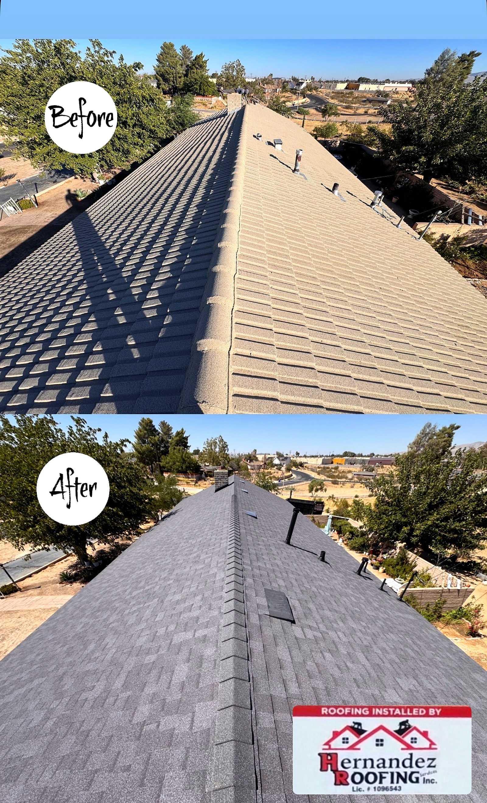 Before and after: a tan concrete tile roof replaced with grey shingles, Roofing installed by Hernandez sign