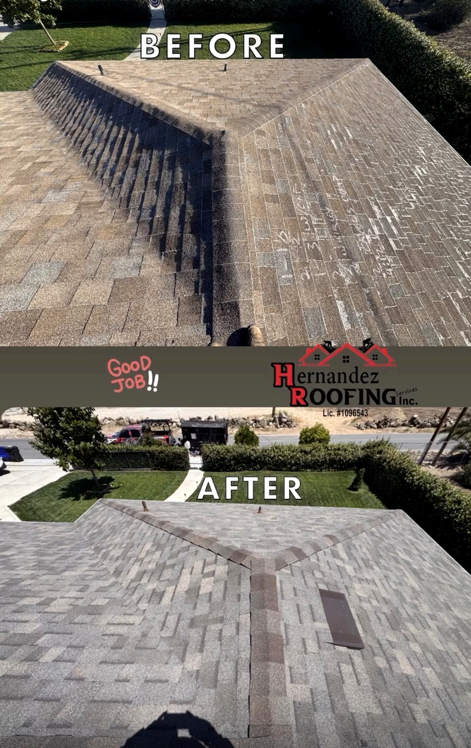 Before and after: a worn shingle hip roof and the new shingles