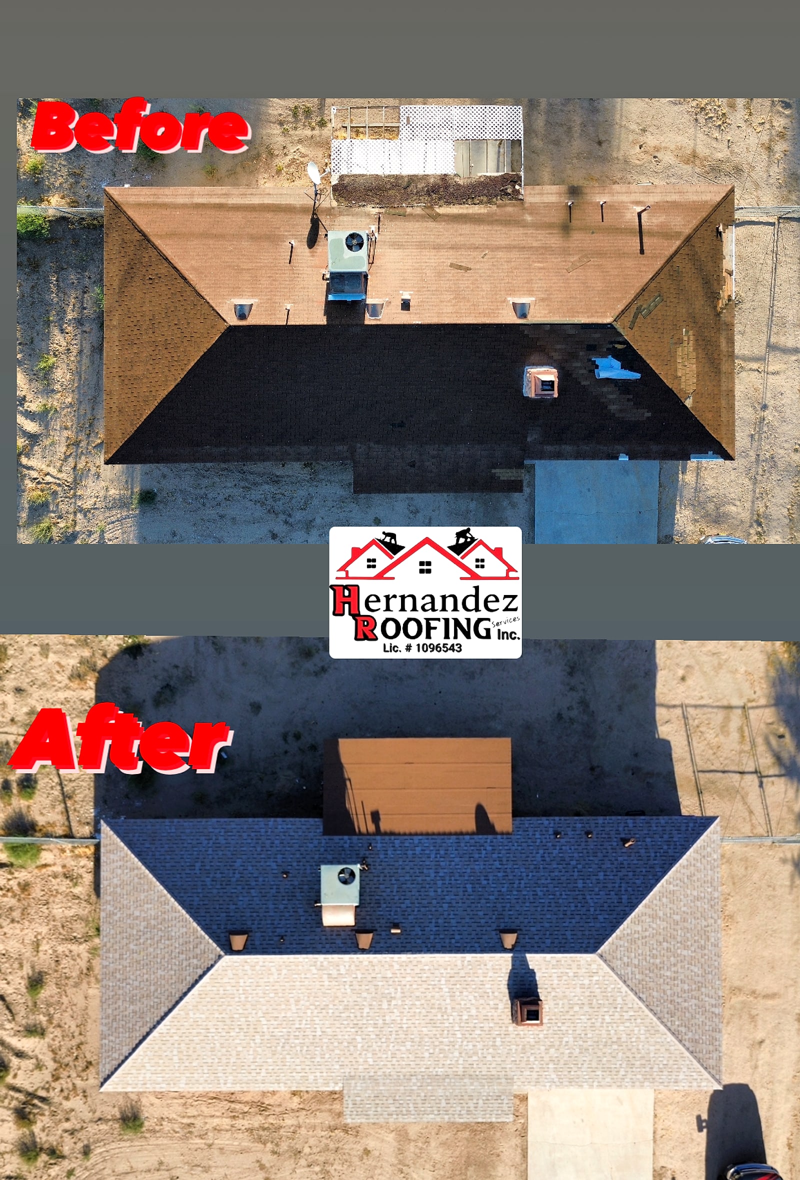 Before and after from a drone: a brown roof and the same house with new shingles
