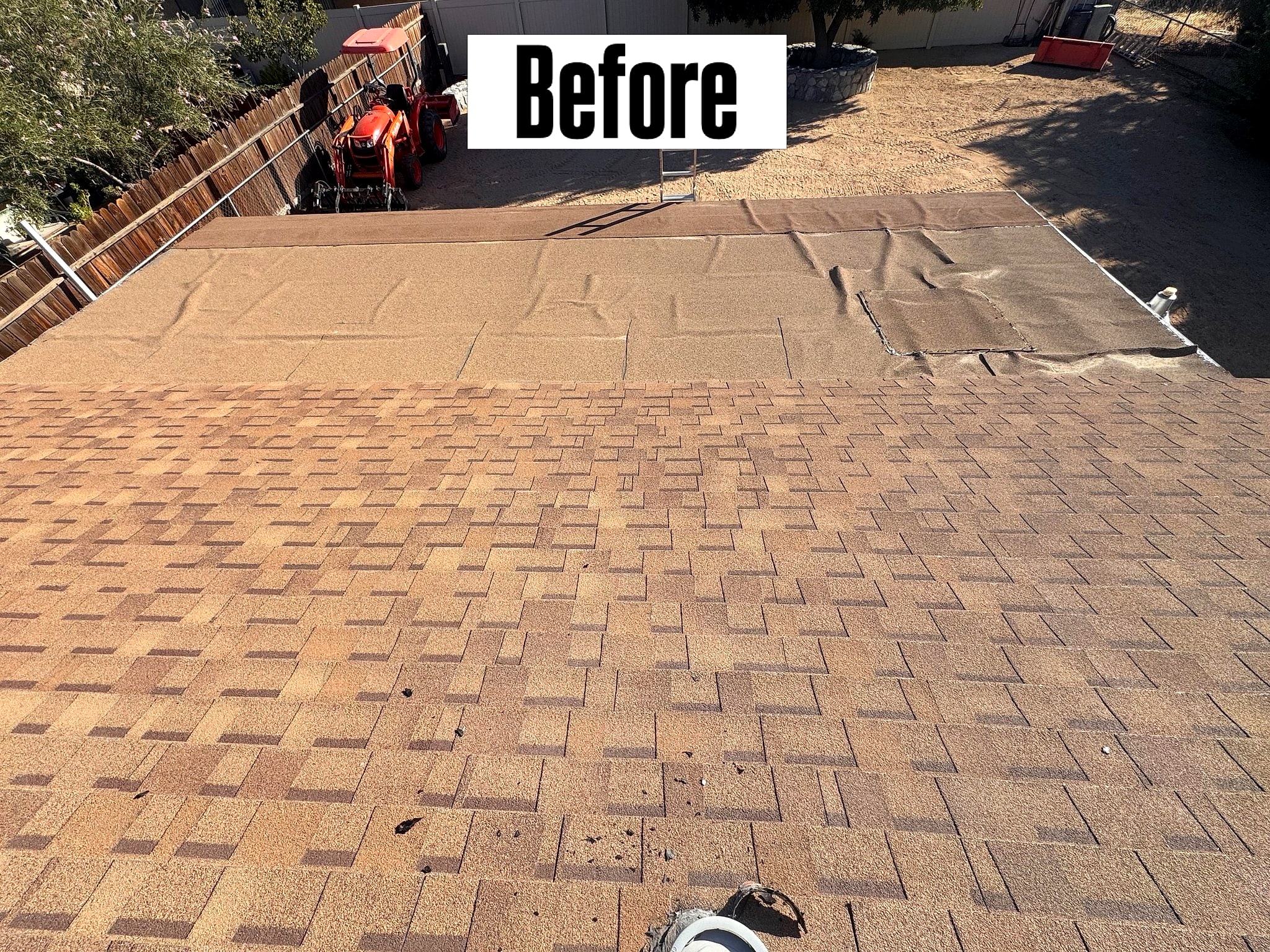 Before: worn tan shingles with torn roofing felt on the upper section